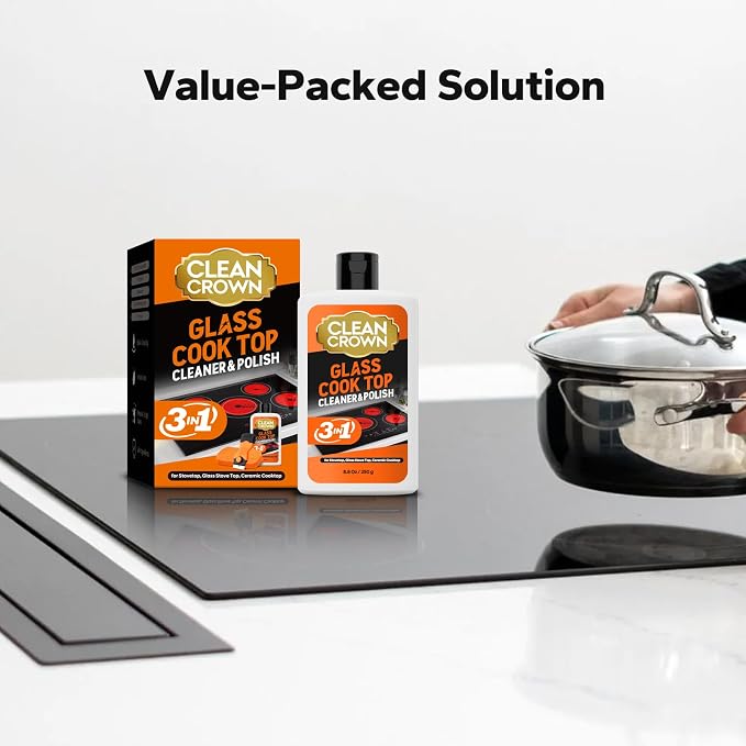 3-in-1 Cooktop Cleaner Kit (8.8 Oz Cooktop Cleaner + Scrubbing Pad + Scraper), Stovetop Cleaner for Electric Top Stoves, Ceramic Cooktops & Fireplace Glass, Remove Burned on Food, Grease