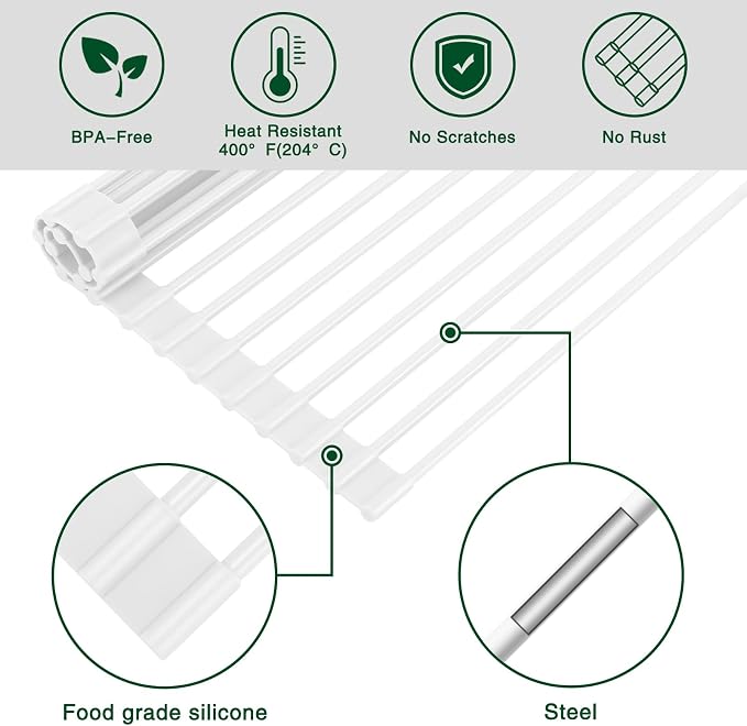 HANZENMA Roll Up Dish Drying Rack Over The Sink Kitchen Roll Up Sink Drying Rack Multipurpose Foldable Sink Drying Mat, Heat-Resistant, Anti-Slip & Anti-Rust Dish Rack for Kitchen, 20.5" x 13", White