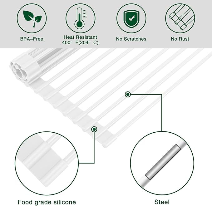 Hanzenma Roll Up Dish Drying Rack - Over The Sink, Multipurpose Foldable Sink Drying Mat, Heat-Resistant, Anti-Slip & Anti-Rust, 17" x 13", White