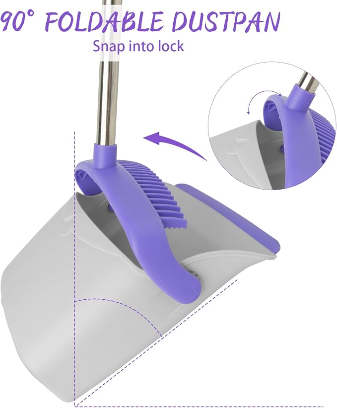 Broom and Dustpan Set with 51" Adjustable Long Handle-Gray Purple | Long Handle and Standing Dust Pan with Comb Teeth, Efficient Floor Cleaning for Kitchen, Outdoor, Dorm, Apartment, Office