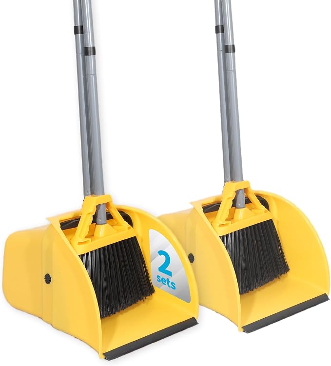 Commercial Broom and Dustpan Set, Jumbo Lobby Debris Dustpan (14inch*14inch), Heavy Duty Broom (14inch Width),for Indoor and Outdoor Cleaning,2 Sets, Yellow