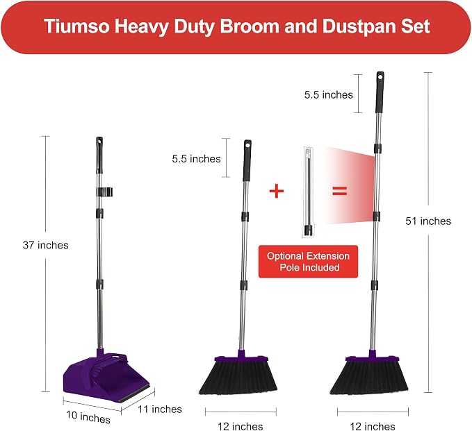 Broom and Dustpan Set for Home, 51" Long Handle Standing Dustpan Purple | Self-Cleaning Dust Pan and Brooms, ZeroGap Lip, Upright Storage Broom Combo for Kitchen Lobby Office Restaurant Indoor
