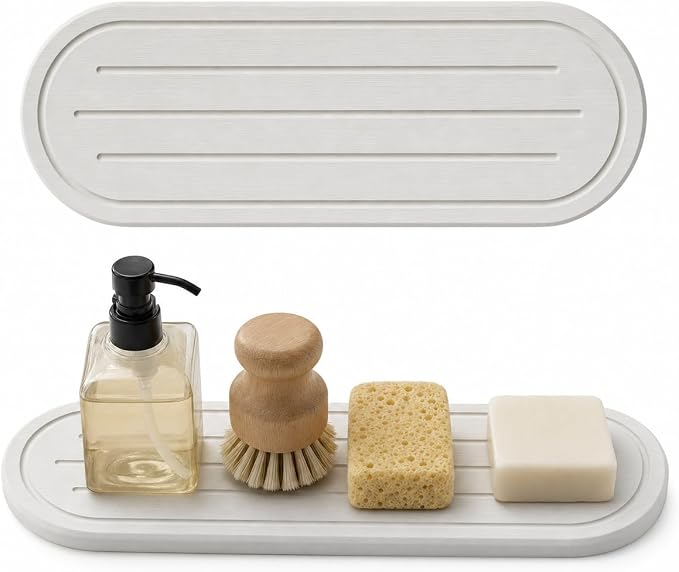 Razborci 2PCS Water Absorbing Stone Drying Tray Mat for Bathroom Sink & Kitchen Counter Faucet Organizer Decor, Quick Dry Dish Soap Dispenser Sponge Holder, Vanity Sink Caddy Coaster,White -10"*3.8"