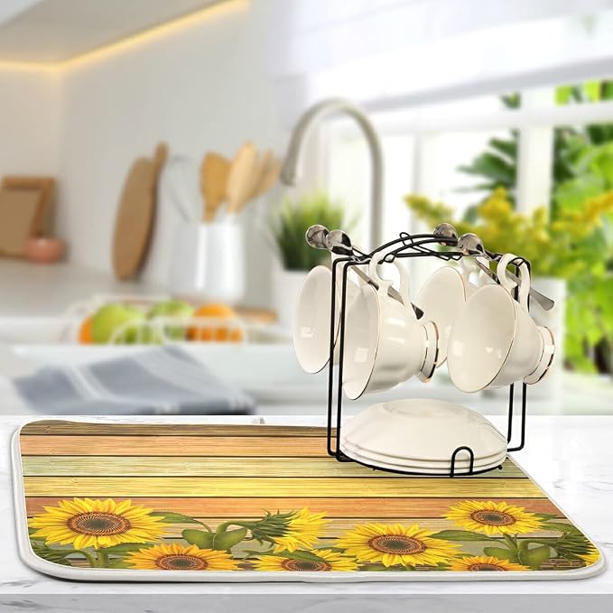 Super Absorbent Dish Drying Mat, Microfiber Fast-Drying Dish Mat, 24" x 18", Kitchen Dish Drying Pad, Sunflower On Wooden Board Vintage