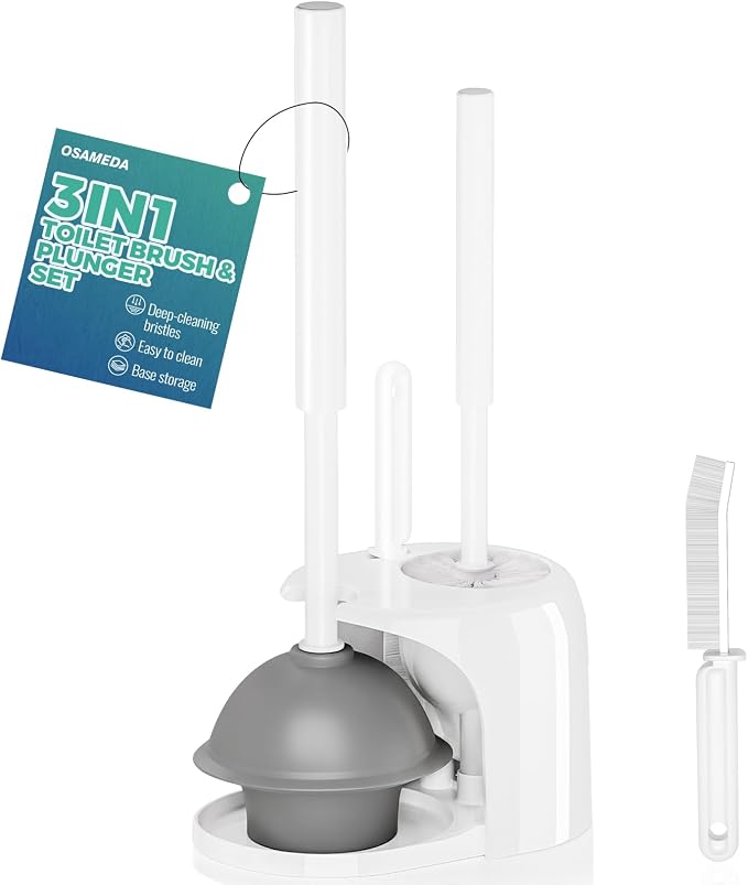 3in1 Toilet Brush and Plunger Set with Slim Crevice Tool and Holder | White bathroom decor, apartment essentials, home essentials, cleaning supplies, bathroom essentials for apartment living