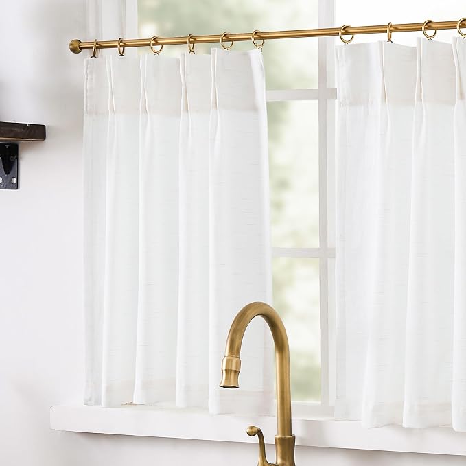jinchan Pinch Pleated Linen Back Tab Tier Curtains, 26x24, 4 Panels, White | Light filtering,rod pocket,small window treatment,cafe curtains,machine washable,farmhouse,kitchen,bathrooms,laundry
