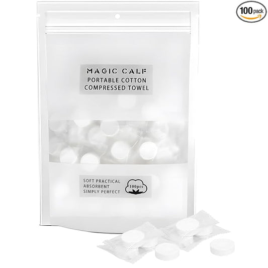 Classycoo Compressed Towel 100 PCS Mini Tablets Disposable Portable Face Towel Cotton Coin Tissue for Travel, Camping, Hiking, Sport, Beauty Salon, Home Hand Wipes and Other Outdoor Activities (White)