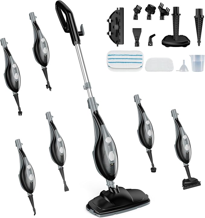 DUMOS 10-in-1 Multifunctional Steam Mop, 1550W Detachable Handheld Steam Cleaner, 16FT Power Cord with 2 Reusable Pads, Floor Steamer for Hardwood, Tile, Carpet, Grout, Windows
