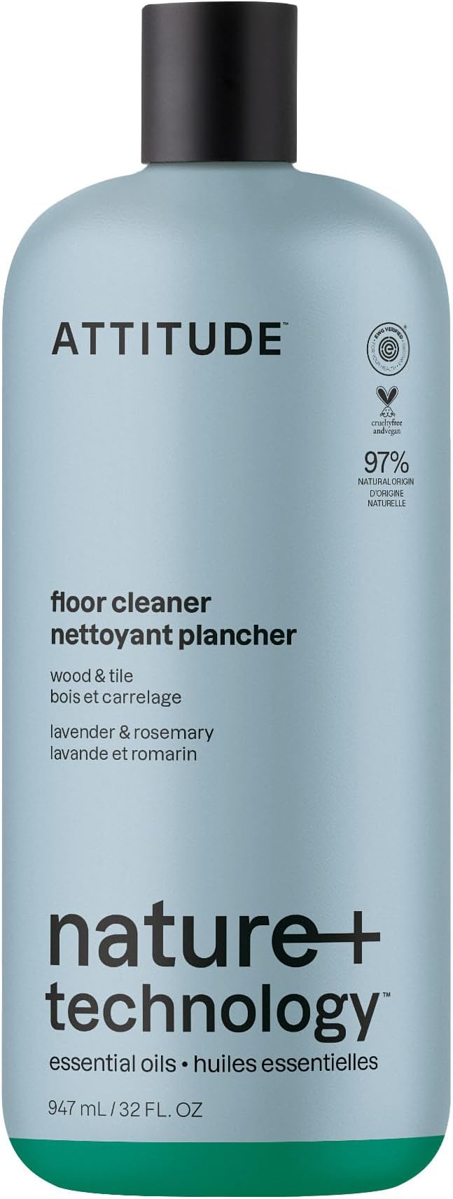 ATTITUDE Floor Cleaner, Natural Origin Ingredients, EWG Verified, Dissolves Stubborn Dirt and Grime, Streak-Less, Lavender & Rosemary, 32 Fl Oz