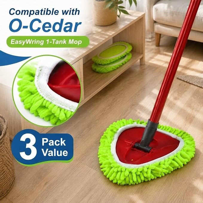 3 Pack Chenille Microfiber Mop Head Covers Compatible with O-Cedar Triangle Mops, Reusable Washable Mop Pad Refills, Replacement for Hardwood, Tile, Laminate & Vinyl Floors