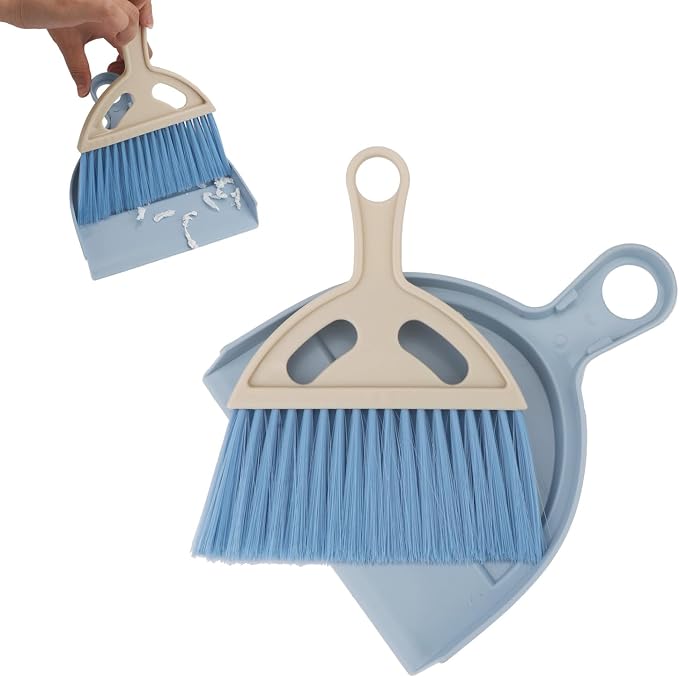Mini Dustpan and Brush Set Portable Small Broom with Dust Pan Handheld Hangable Whisk Broom and Dust Pan for Home, Kitchen, Table, Office, Car 1 Pcs (Blue)
