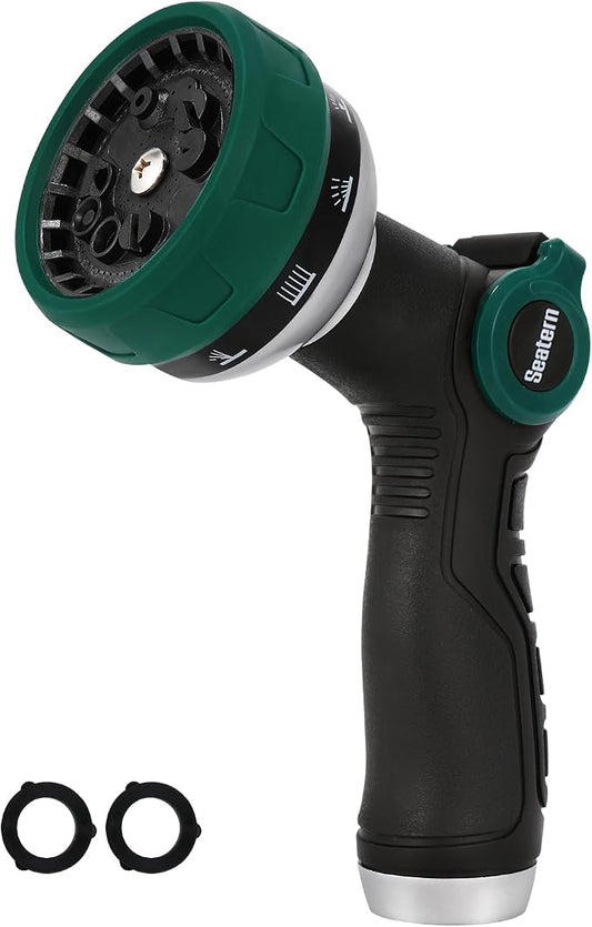 Garden Hose Nozzle, Heavy Duty Hose Sprayer with Thumb Control, 10 Spray Patterns, Reinforced Metal Shell, Comfortable Grip for Lawn, Plants, Car & Pet Washing – Forest Green