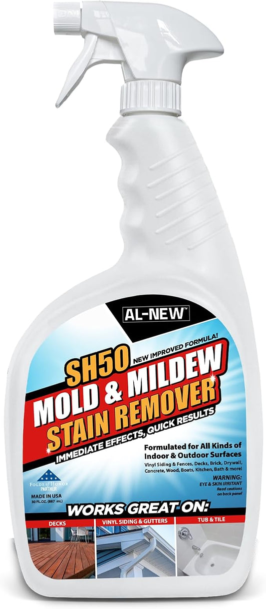 AL-NEW SH50 Mold and Mildew Stain Remover | Scrub Free Formula | Works Great on Decks, Vinyl Siding & Gutters, Tub and Tile (30oz Bottle)