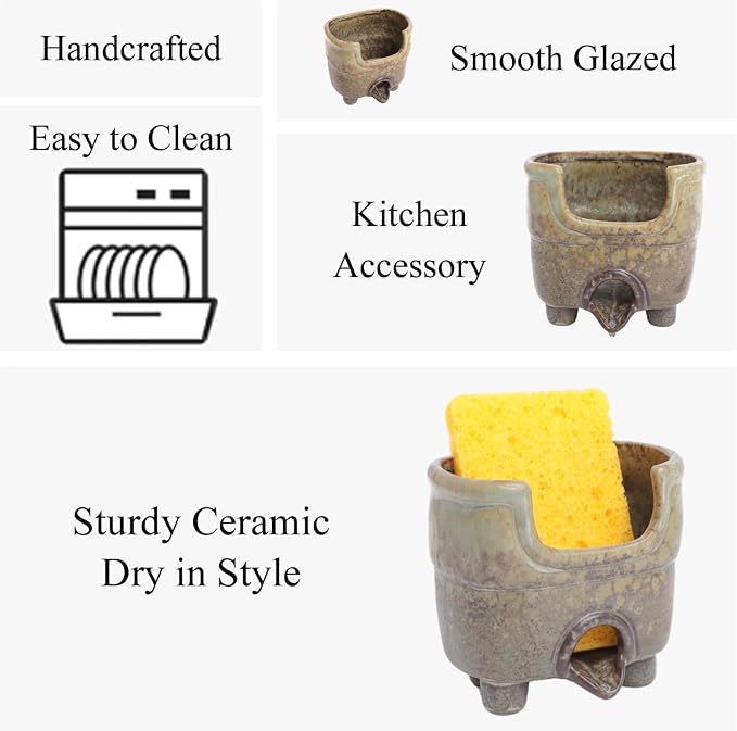 Ceramic Sponge Holder with Drainage, Rustic Farmhouse Sink Caddy Organizer, Self Draining Sponge Dish for Scrubbers, Soap & Brushes, Compact Kitchen Accessory, Keeps Counter Dry (Avocado)