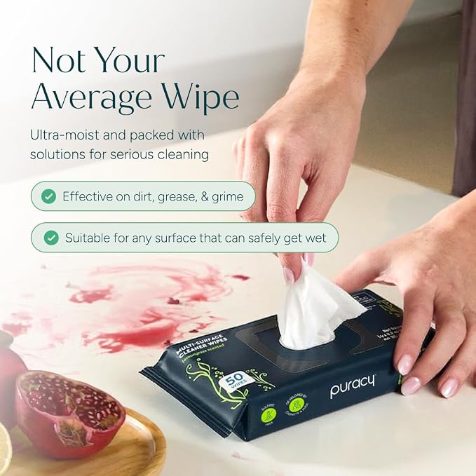 Puracy All Purpose Cleaning Wipes – Non Toxic Multi-Surface Cleaner & Appliance Wipes for Car, Bathroom, Kitchen – Lemongrass Scent (50 Count, 1 Pack)