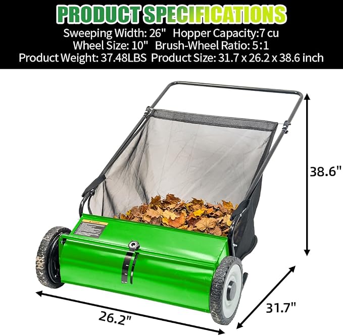 PPOLB 26" Push Lawn Sweeper, 7 cu.ft Large Capacity Yard Sweeper Push, 5:1 High-Density 4 Brushes, Adjustable Height, Heavy Duty Leaf Collector with Detachable Hopper, Rubber Wheels, Ergonomic Handle