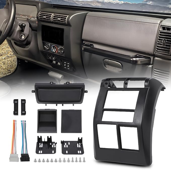 DOTCOM Double Din Radio Dash Kit Fit Jeep Wrangler TJ 1997-2002 Black | w/Wiring Harness,Fit Jeep Wrangler TJ Accessories 1997-2002,Double Din Radio Dash Cover,95-6549