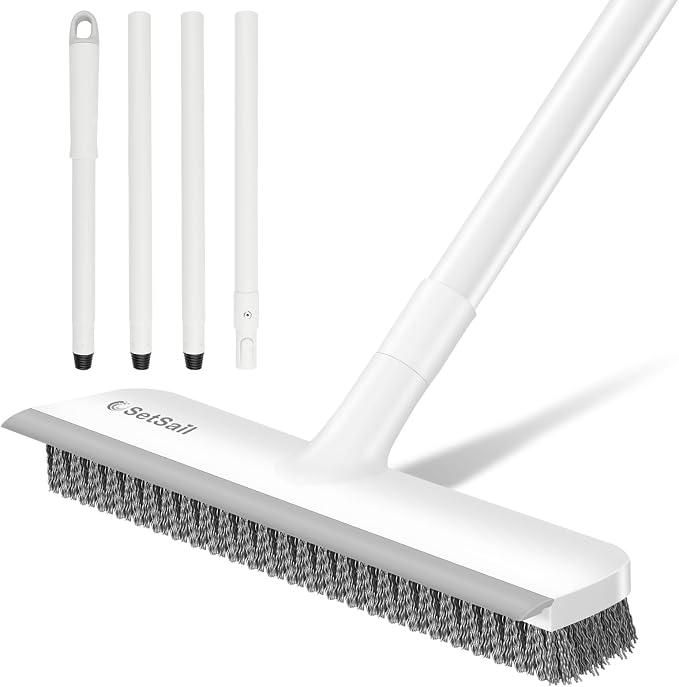 SetSail Floor Scrub Brush, Scrub Brush with Long Handle, Pure White | 2 in 1 Scraper Brush Stiff Bristle Floor Scrubber for Cleaning Bathroom Shower Kitchen Garage Deck Tile Tub