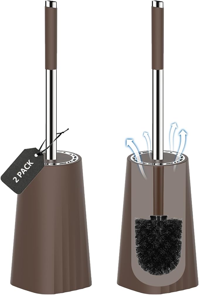SetSail Toilet Brush, Compact Size Toilet Bowl Brush and Holder Toilet Brushes for Bathroom with Stainless Steel Handle Toilet Cleaner Brush with Durable Scrubbing Bristles, 2 Packs, Brown