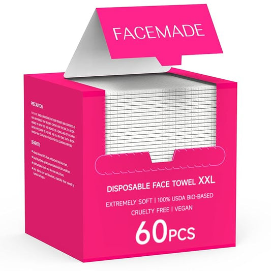 FACEMADE 60 Count XXL Disposable Face Towels 12" × 12", 100% Biobased Face Towels Disposable, Clean Facial Towels for Makeup and Clean Skin, Super Soft and Thick Dry Wipes Club