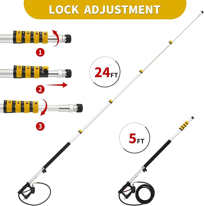 24 FT Telescoping Pressure Washer Wand with Pressure Washer Extension Wand, Brush Head, Gutter Cleaner, 5 Spray Nozzle Tips, 2 Hose Adapters and Support Belt