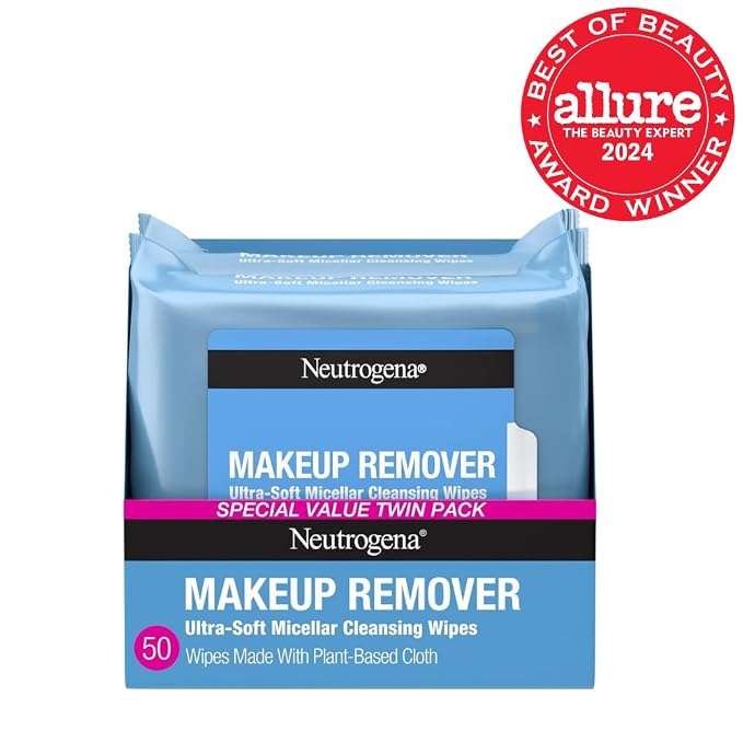 Neutrogena Makeup Remover Micellar Wipes for Face Daily Gently Removes Oil Dirt and Waterproof Makeup in a Simple Fully Plant-Based Cloth, 25 Count (Pack of 24)