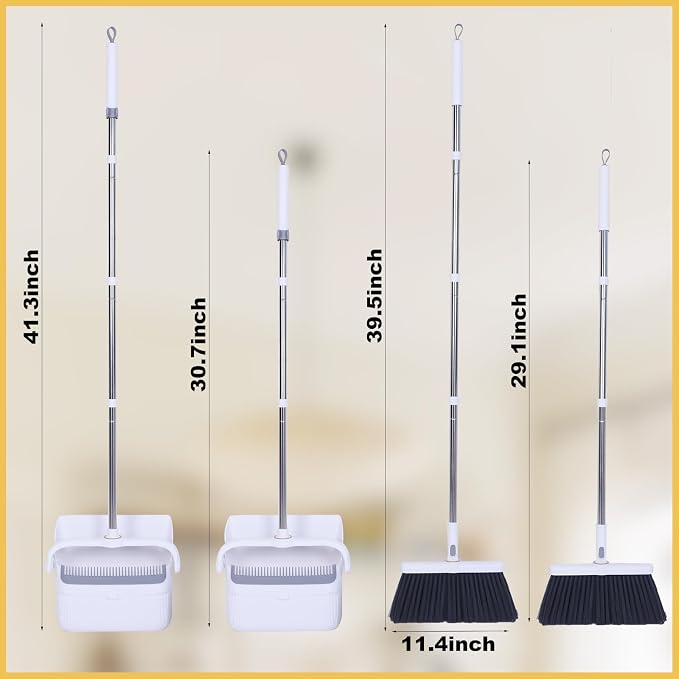 Heavy Duty Broom and Standing Dustpan Combo Set, Rotatable Head Dust Pan and Brush Set with Collapsible Handle, Cleaning Teeth, Hanging Loop, Ideal for Pets, RV, Kitchen, Camping, Outdoor Floor, White