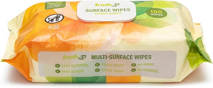 Multi-Surface Cleaning Wipes, 2 Packs x 100 Wipes, Thick No-Rinse No-Residue Surface Wipes for Kitchen, Bathroom, Glass, Stainless Steel, Granite, Wood & Plastic (Citrus Burst)