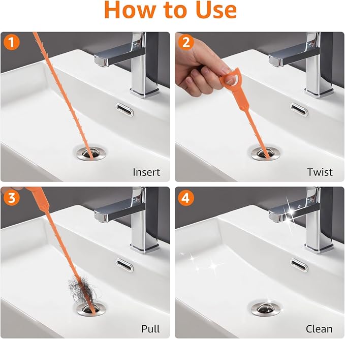 Amazon Basics Flexible Drain Clog Remover Snake Tool for Hair and Debris, Unclog Toilet, Sink, Shower, Bathtub, Sewer, 19.6-Inch, 12 Pack
