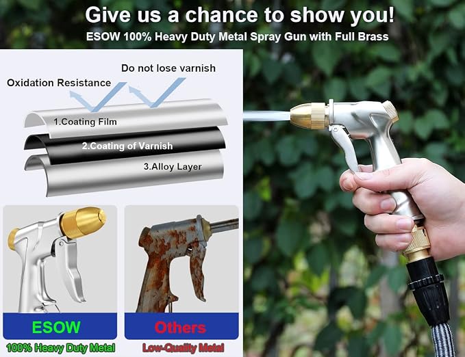 ESOW Garden Hose Nozzle Heavy Duty Metal, Full Brass Pistol Grip 4 Patterns | Ergonomic handle reduces hand fatigue. Rustproof, leak-proof. For car wash, lawn watering, pet shower, outdoor cleaning