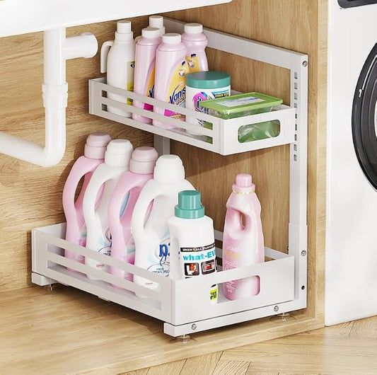 1 Pack Under Sink Organizer,Pull Out Cabinet Organizer With Smooth Cylindrical Rail,Metal Slide Out Drawer for Kitchen Bathroom Laundry Cabinet,8-Level Tool Free Height Adjustable-White