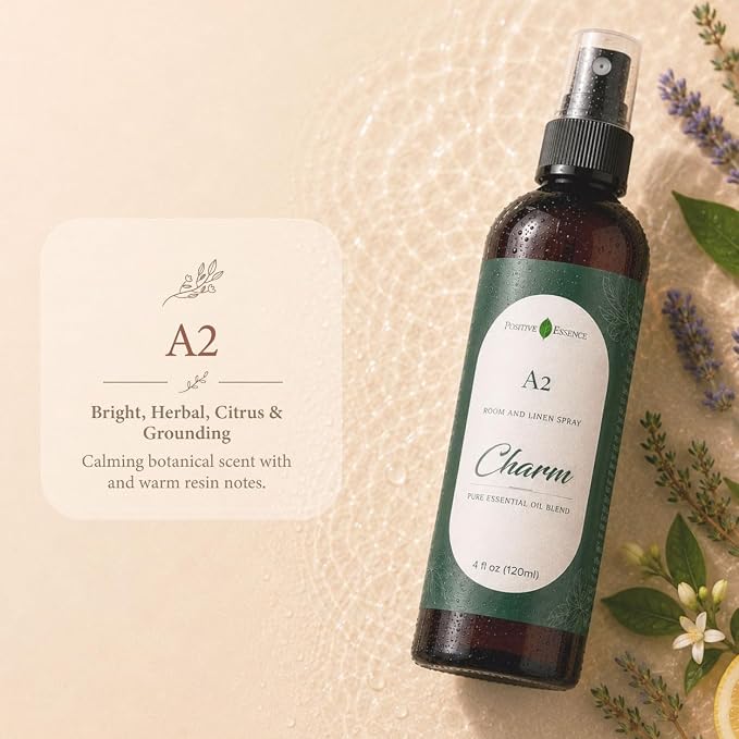 A2 Charm Room & Linen Spray with Essential Oils, Vegan, 4 fl oz | Essential Oil Blend, Citrus-Herbal Aroma, Room and Linen Spray, Vegan, Fine Mist, 4 fl oz
