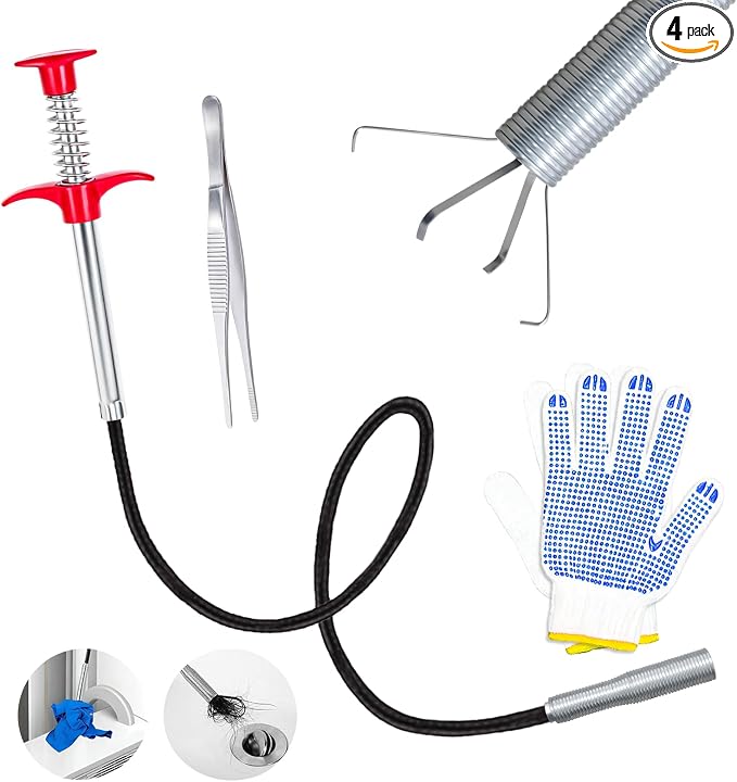 Flexible Grabber Claw, 4 Claws Drain Snake with Tweezers, Drain Clog Remover Bendable Hose Grabber Reacher Tool for Toilet Sewer Shower Kitchen Bathroom Tub Clogged (24 inch)
