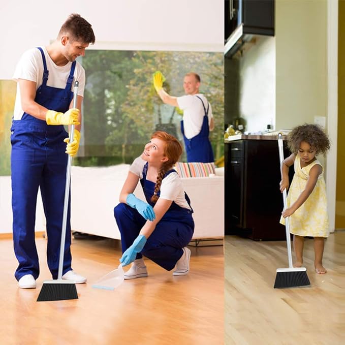 Broom and Dustpan Set, JEHONN Long Handle Lightweight Broom Set Upright Standing Dustpan Stand Up Store Sweep Set for Home Room Kitchen Office Lobby
