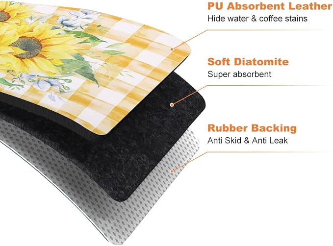 LOKHOM Dish Drying Mat for Kitchen Counter, 17"x32" Absorbent Coffee Bar Mat with Sunflowers, Vintage Floral Dish Drainer Rack Mat for Decoration