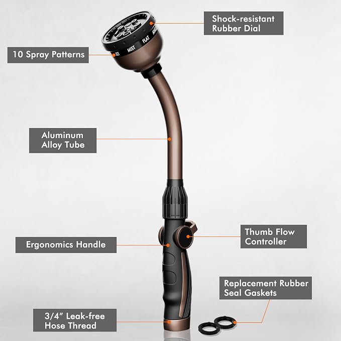 RESTMO Watering Wand Heavy Duty, 15-Inch Long Hose Nozzle Sprayer | 10 Spray Patterns & Thumb Flow Control, Metal Garden Hose Wand for Water Hanging Baskets and Shrubs, Oil Rubbed Bronze