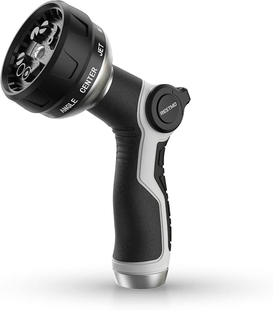 RESTMO 10-in-1 Water Hose Nozzle, Garden Hose Sprayer with 10 Adjustable Spray Patterns, Easy Thumb Control for Flow Adjustment, Ideal for Watering Plants & Lawns, Washing Cars & Pets, Black