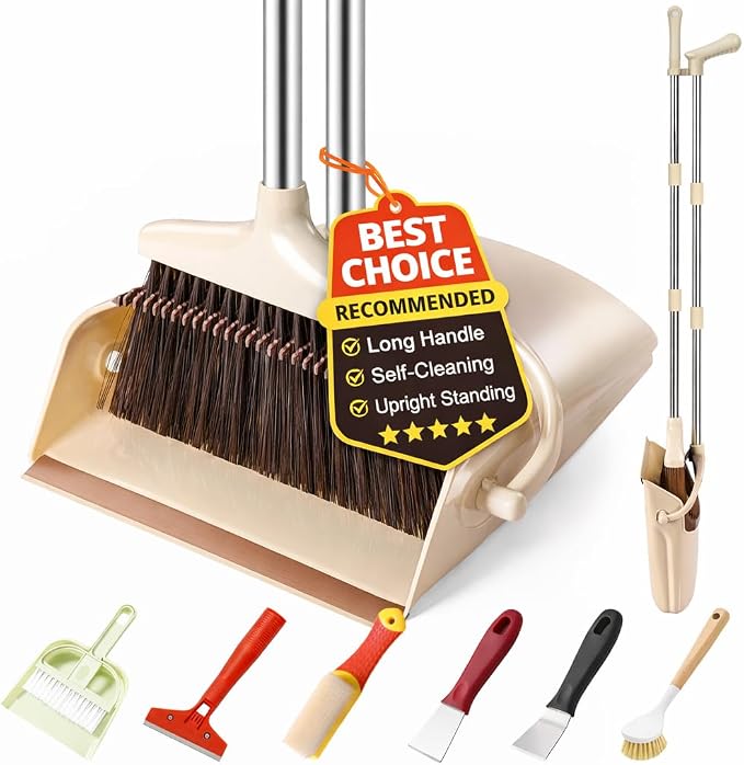 Broom and Dustpan Set with Long Handle and 6 Bonus Cleaning Tools, Upright Standing Combo with Self-Cleaning Teeth & Windproof Dustpan for Pet Hair, Home, Kitchen, Garage, Apartment