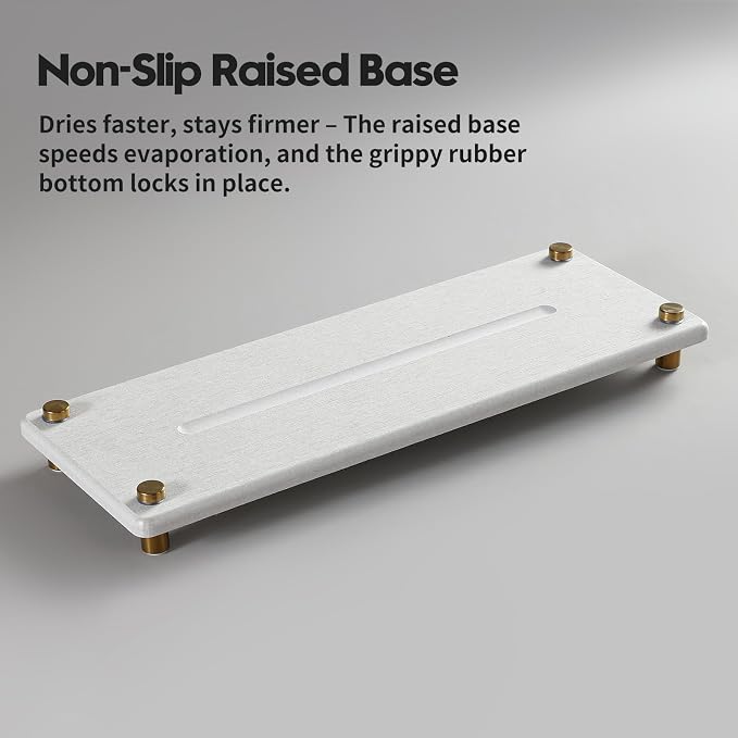 Razborci Water Absorbing Stone Sink Caddy Kitchen Sink Organizer Tray, Diatomite Bathroom Counter Tray, Gold Faucet Drying Mat Coaster Soap Dish Rack Riser Dispenser Sponge Holder, Beige 12.5" x 4.5"