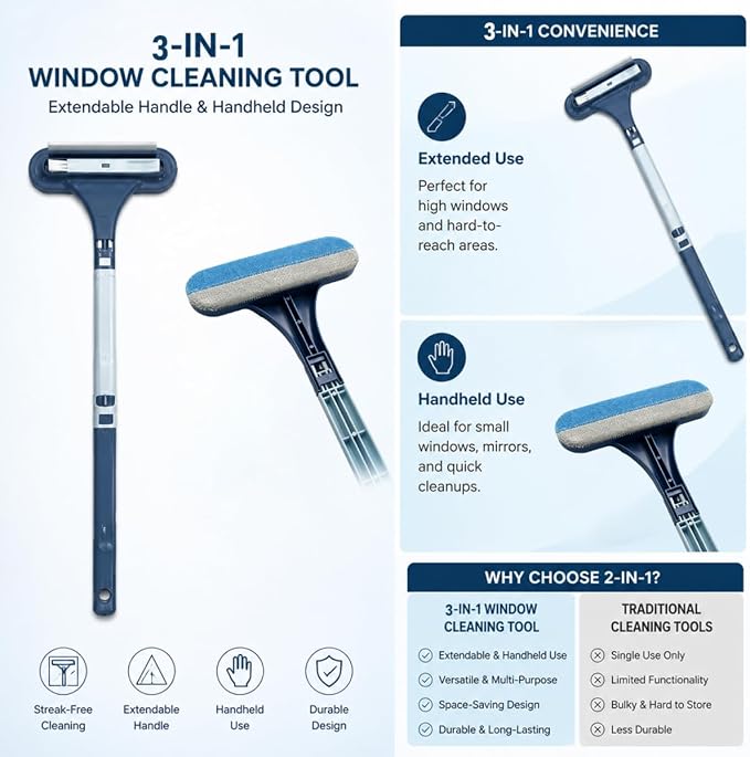 Window Screen Cleaning Brush, 2026 Upgraded 3 in 1 Mesh Cleaner Brush, Window Screen Cleaner Tool with Squeegee, Multifunctional Screen Brush, Double Sided Wet & Dry Dual Use (Blue )