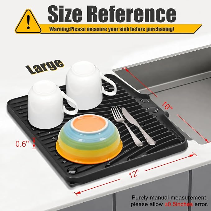 TIKNIK Silicone Dish Drying Mat for Kitchen Counter - Heat Resistant & Non-Slip Dish Drain Pad with Built-In Drain, Dishwasher Safe, Quick-Dry, Hangable & Roll-Up for Storage, Black-1pc, 16" x 12"