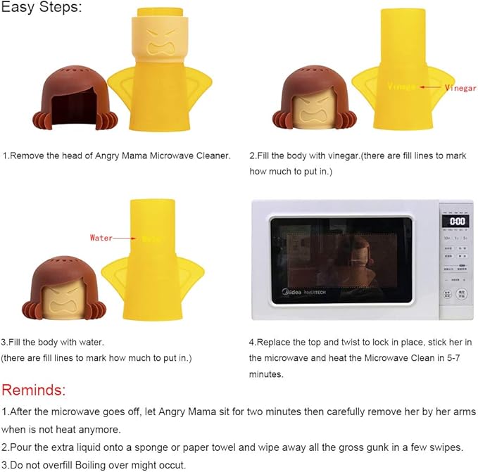 Angry Mom Microwave Cleaner, Mad Mama Microwave Steam Cleaner, Just Add Vinegar and Water, Easily Cleans the Crud in Minutes (Yellow)