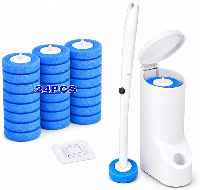 Disposable Toilet Brush, Toilet Bowl Cleaner Brush with 24 Wand Cleaner Refills, Wall Mounted Toilet Brush and Holder Set for Bathroom Deep Cleaning and Hygienic