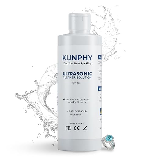 kunphy Ultrasonic Jewelry Cleaner Solution for Gold, Silver, Platinum 8.5oz | Concentrated; for All Ultrasonic Machines; Removes Residue & Grime; Gentle Formula for Non-Porous Stones & Metals