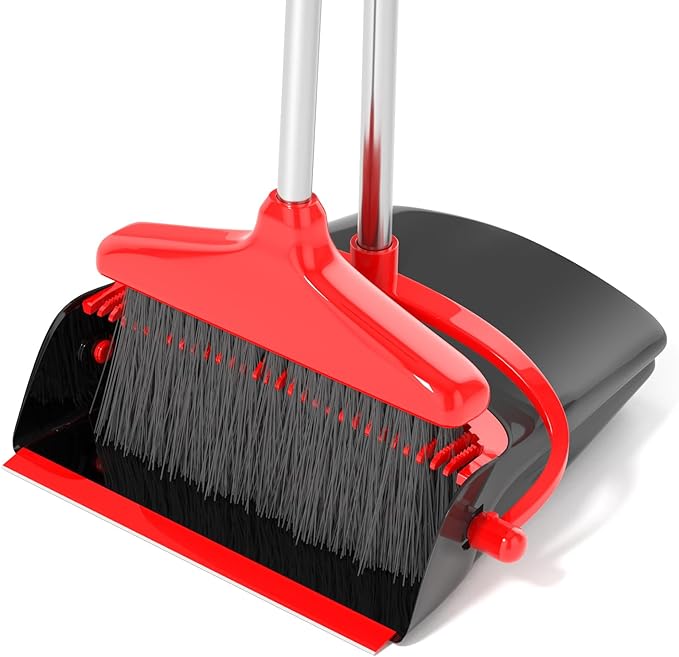 Broom and Dustpan Set (54") Long Handle Home Cleans Collapsible Broom with Dustpan Combo for Sweeping Dorm Classroom Lobby Kitchen Office (Black and Red)