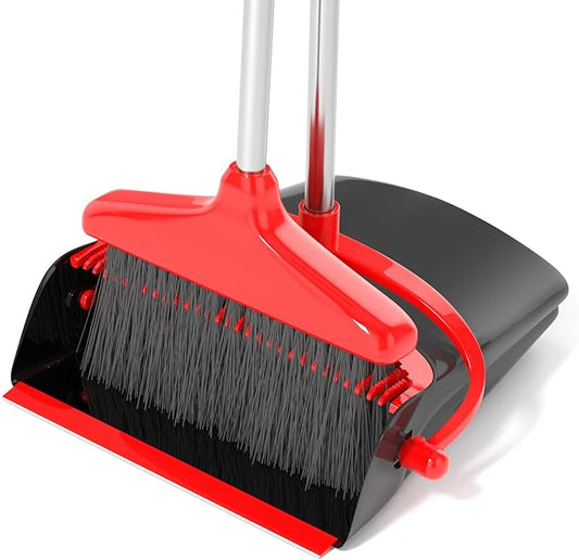 Broom and Dustpan Set (54") Long Handle Home Cleans Collapsible Broom with Dustpan Combo for Sweeping Dorm Classroom Lobby Kitchen Office (Black and Red)