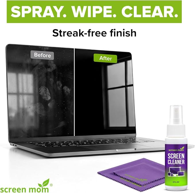 Screen Mom Screen Cleaner Spray 2oz Bottle for TV, Car, Laptop & Computer | Streak-Free Formula, Glass & OLED Safe, Alcohol and Ammonia Free Formula, Includes 2 Microfiber Cloths, Travel-Friendly Size