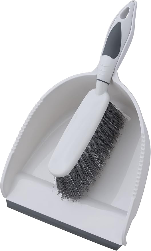 Superio Brush and Dustpan Set, Rubber Edge for Easy Dirt Pickup, Durable Plastic Broom Set with Ergonomic Grip Handle, for Table, Countertop, Desk (1)