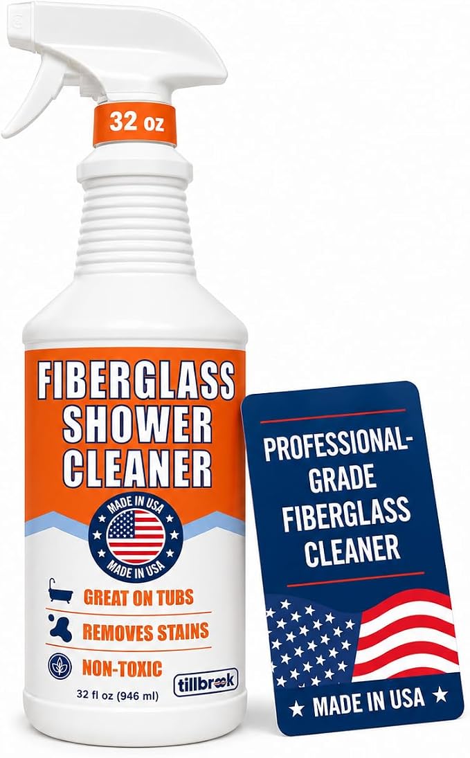 Tillbrook Fiberglass Shower Cleaner - 32 oz Fiberglass Cleaner for Bathtubs, Showers, Tile, Faucets & Bathrooms - Helps Remove Stains from Rust, Soap Scum & Hard Water - Streak-free, Non-Toxic Spray