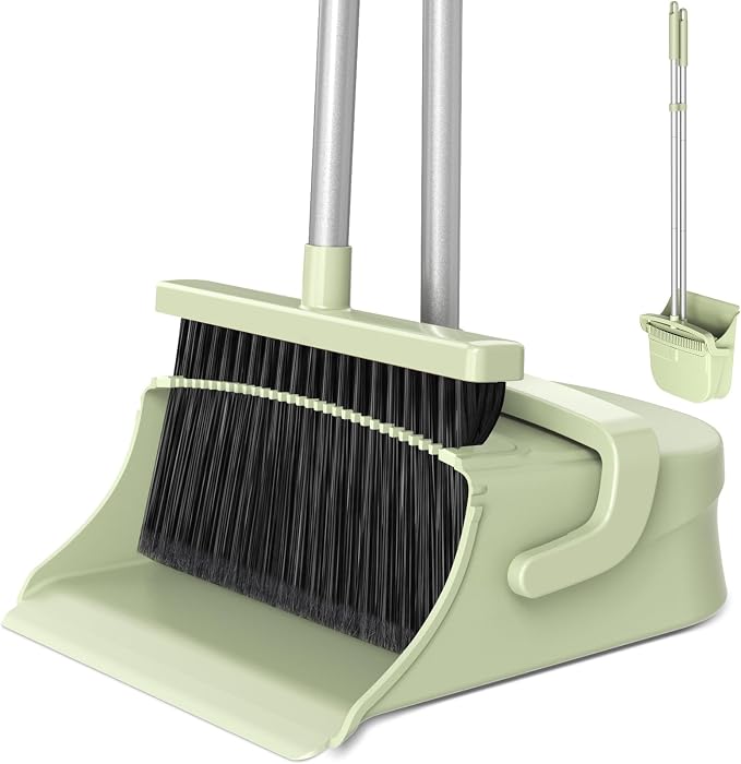 Broom with Dustpan Combo Set, Long Handle Upright Standing Self-Cleaning Broom and Dustpan Set for Pet Hair & Dust Cleanup, Indoor Outdoor Use for Home, Kitchen, Office, Green